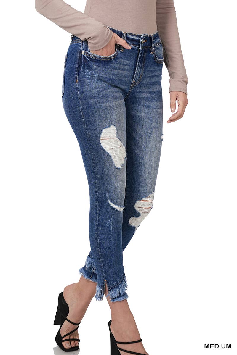 MID-RISE DISTRESSED CROP SKINNY DENIM PANTS: MEDIUM-146053 / 24