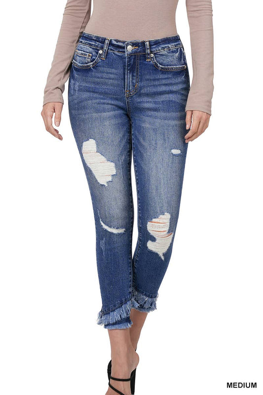 MID-RISE DISTRESSED CROP SKINNY DENIM PANTS: MEDIUM-146053 / 24