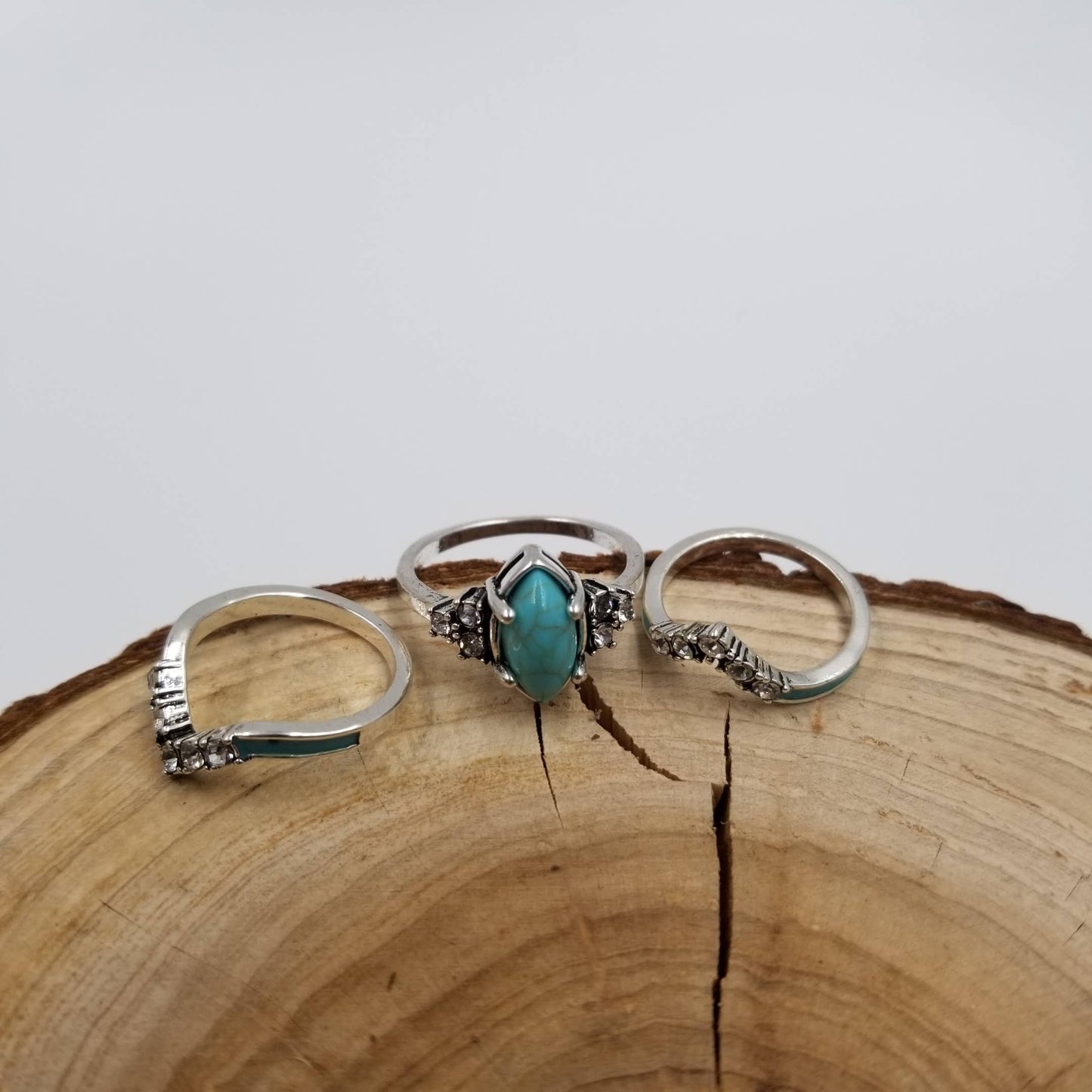 Silver Vintage Turquoise & Diamond Ring Set Of 3: 11