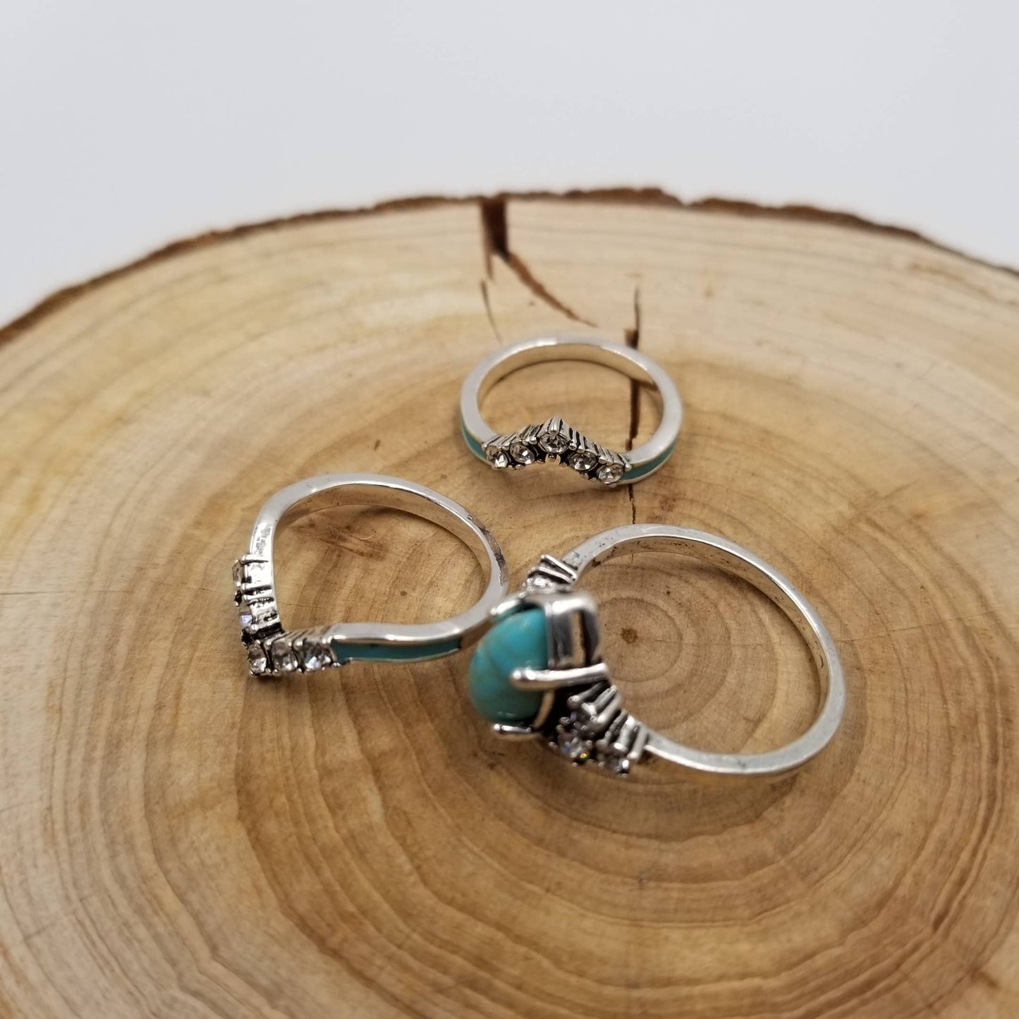 Silver Vintage Turquoise & Diamond Ring Set Of 3: 11