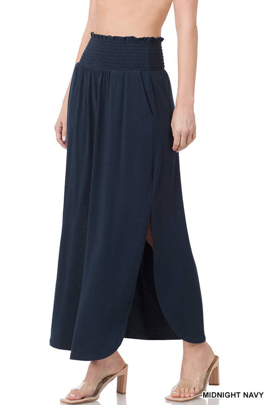 Smocked Waist Side Slit Maxi Skirt With Pockets: MIDNIGHT NAVY-130459 / XL