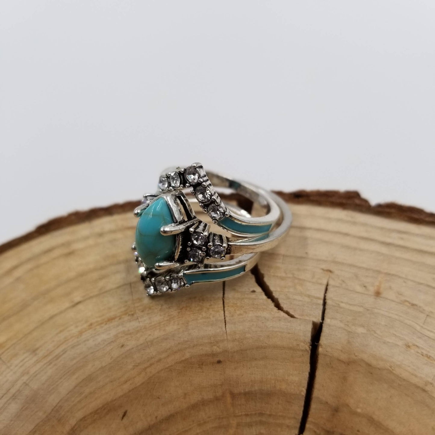 Silver Vintage Turquoise & Diamond Ring Set Of 3: 11