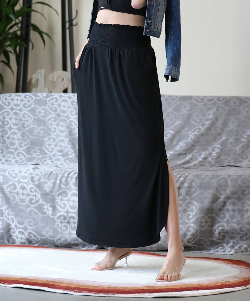 Smocked Waist Side Slit Maxi Skirt With Pockets: MIDNIGHT NAVY-130459 / XL