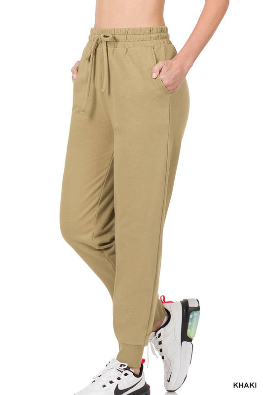 FRENCH TERRY JOGGER PANTS WITH SIDE POCKETS: KHAKI-123526 / XL