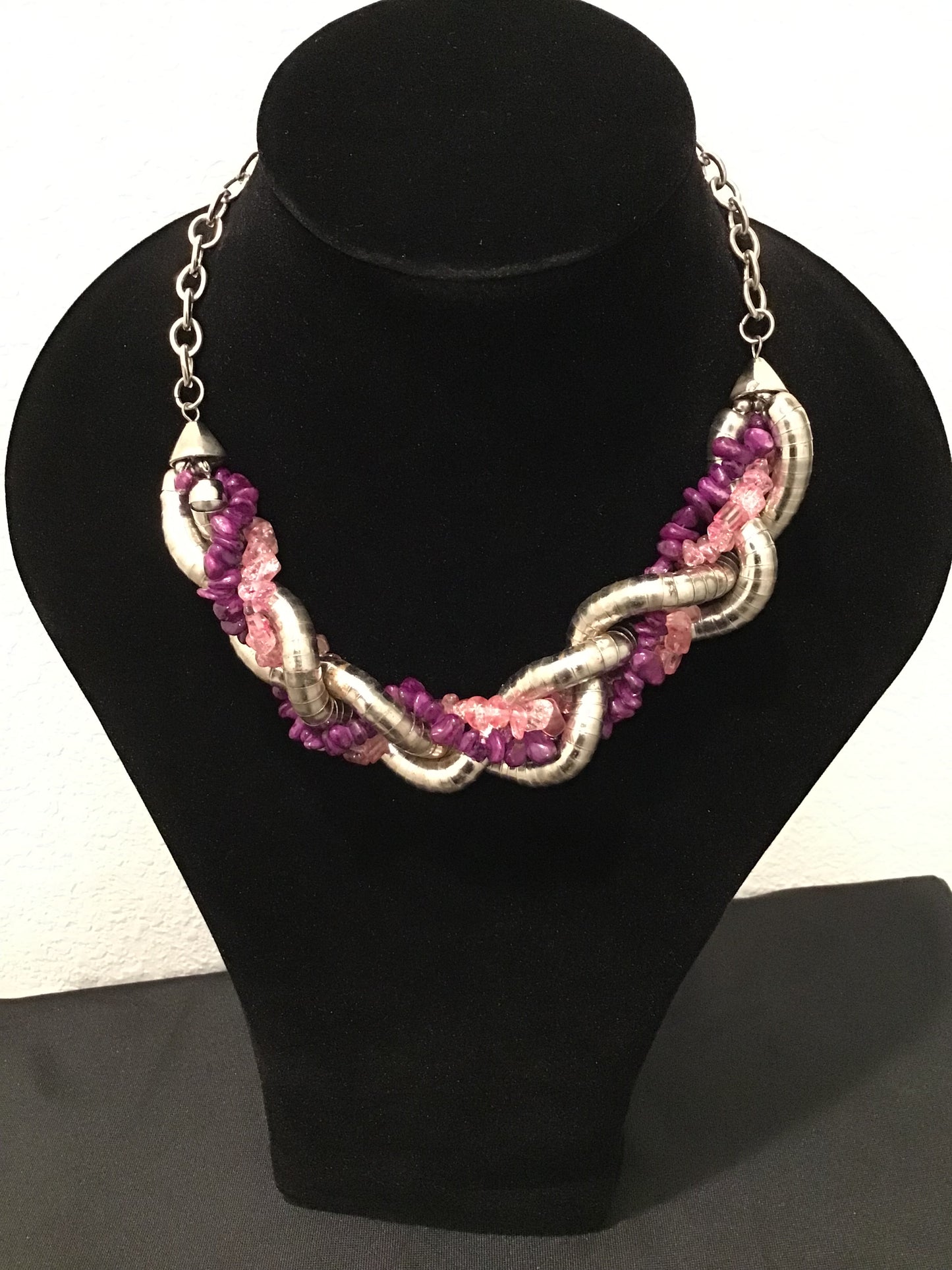 Purple &Pink  intertwined silver necklace