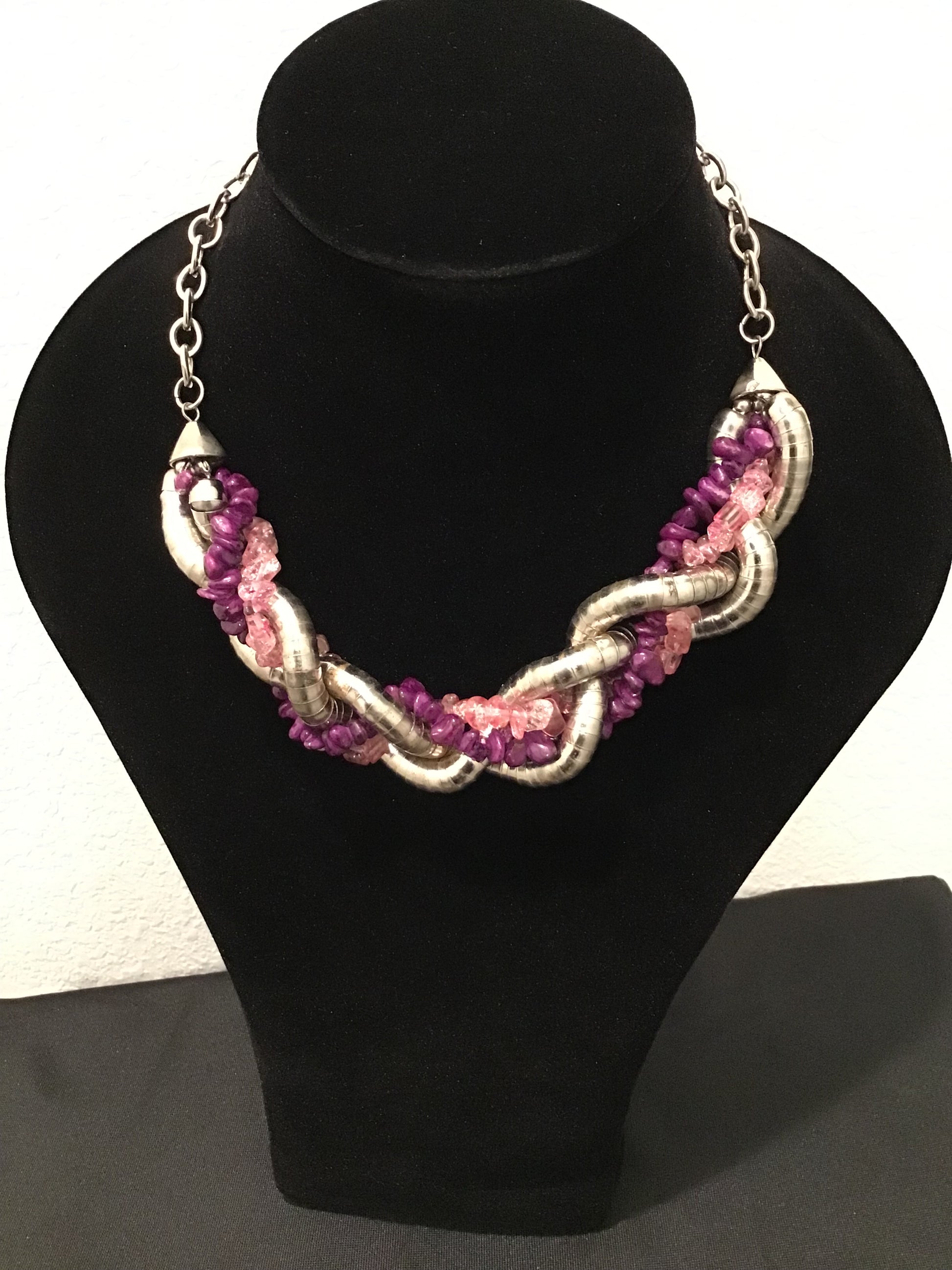 Purple &Pink intertwined silver necklace