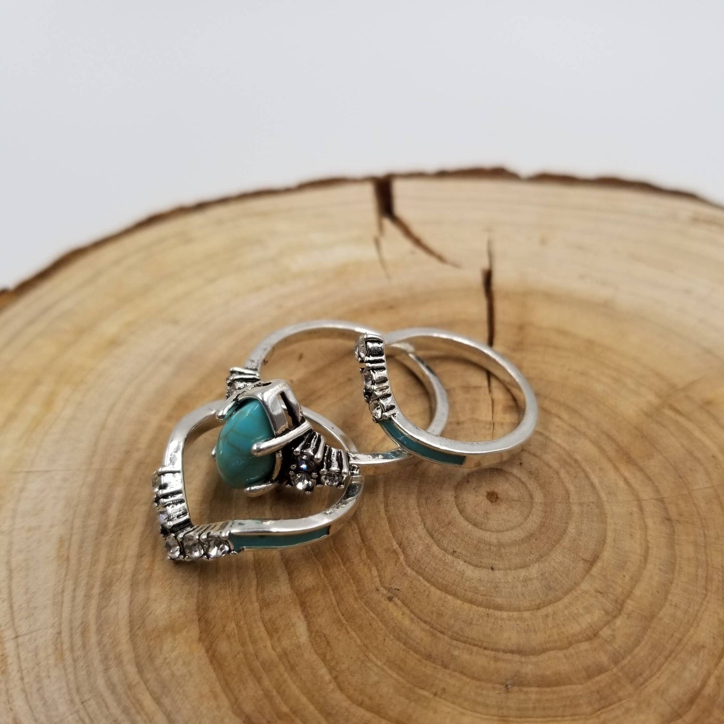 Silver Vintage Turquoise & Diamond Ring Set Of 3: 11