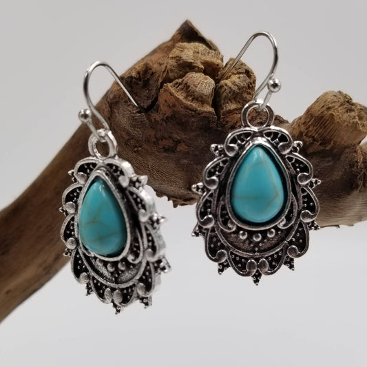 Vintage Bohemian Turquoise Droplet Carved Earrings