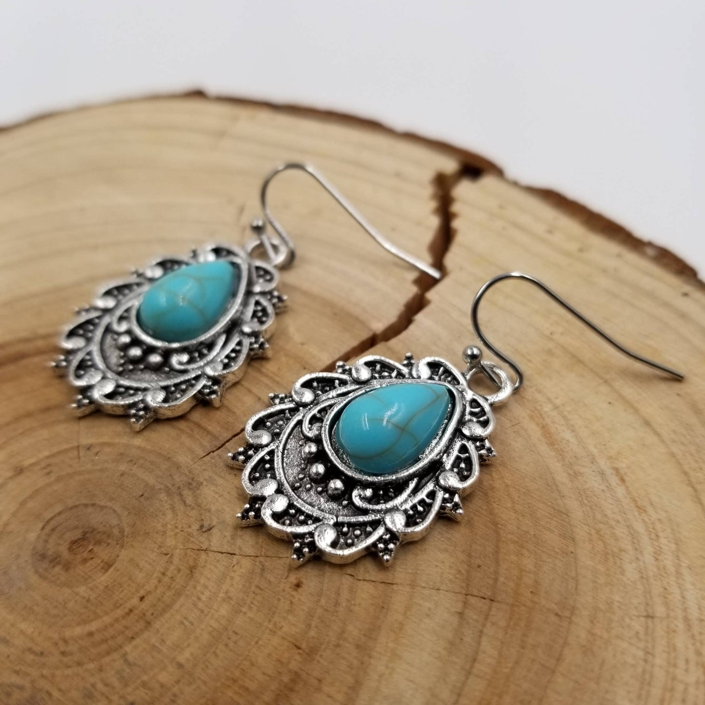 Vintage Bohemian Turquoise Droplet Carved Earrings