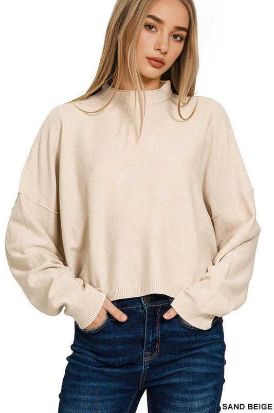 ***Fall Arrival***Mock Neck Fall Crop Sweater: SAND BEIGE- S/M