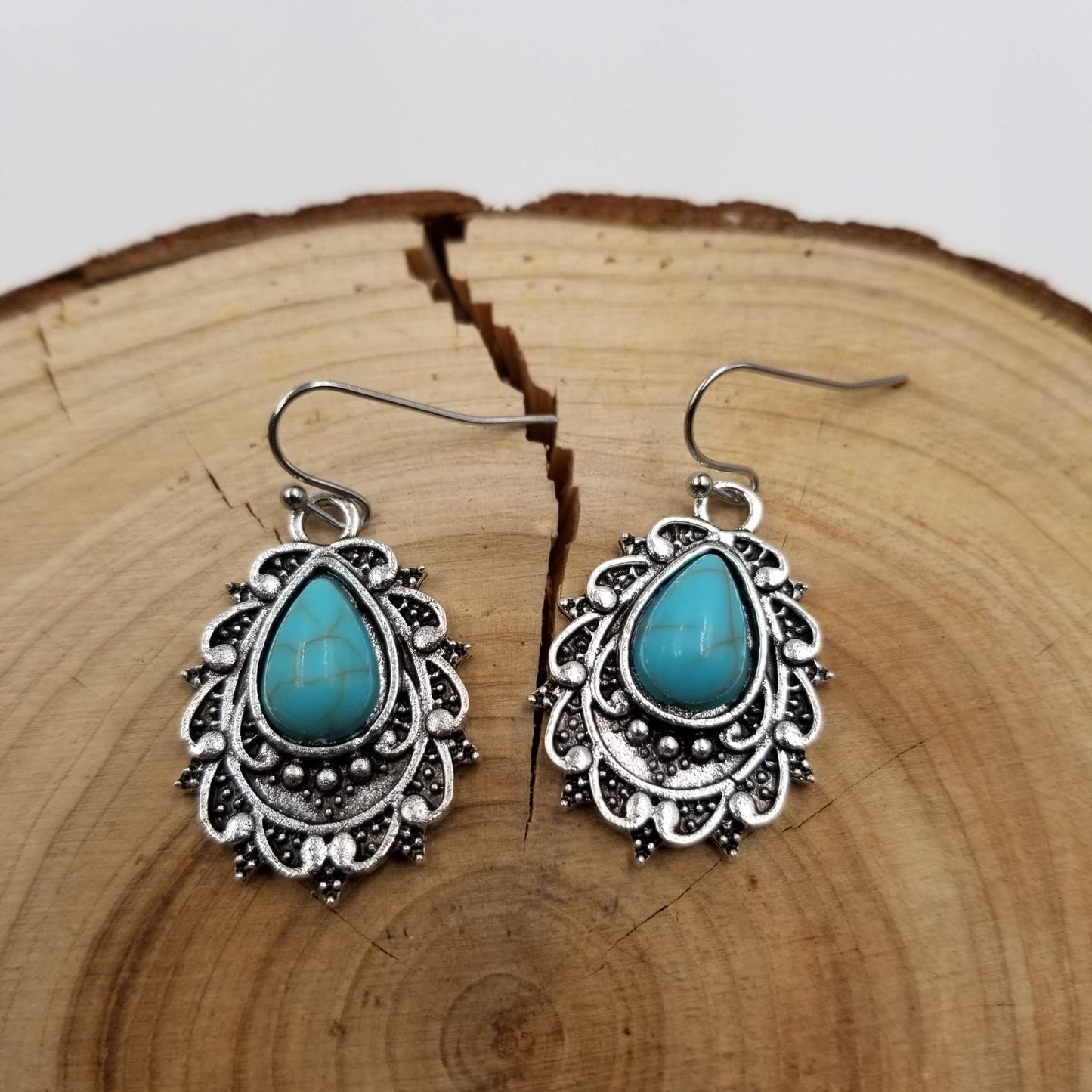 Vintage Bohemian Turquoise Droplet Carved Earrings