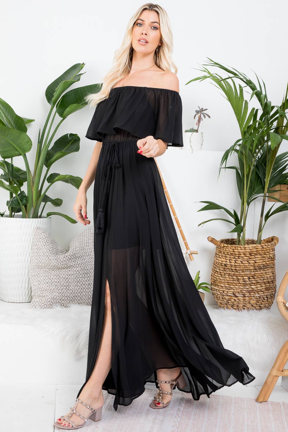 OFF-SHOULDER MAXI DRESS: Black / Contemporary / L