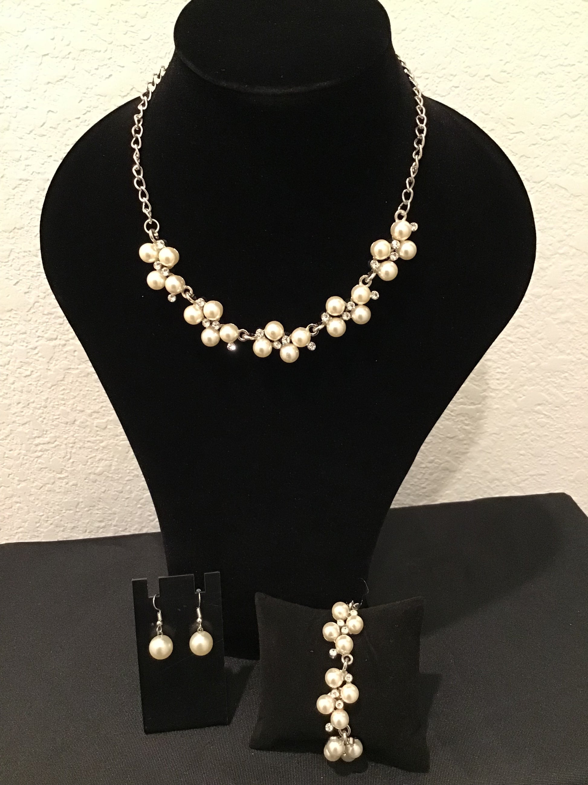 White cluster pearl necklace/earring/bracelet set
