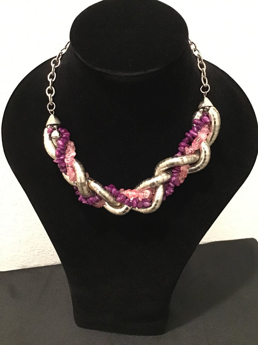 Purple &Pink  intertwined silver necklace