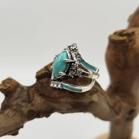 Silver Vintage Turquoise & Diamond Ring Set Of 3: 11
